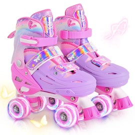 2PM SPORTS Roller Skates Girls Ages 5-8 8-12 3-5 4-7 6-12 10-12 with Light Up Wheels, Outdoor Indoor Girls Rollerskates for Kids Beginner Size 10C 11C 12C 13C 1 2 3 4 5 6 Pink Butterfly