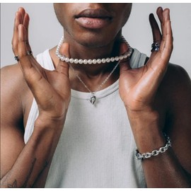 AFSTALR Mens Pearl Necklace White Pearl Choker Necklaces,6 mm Pearls Necklace 18 Inch Length, Birthday Christmas Gift Jewellery for Men Women