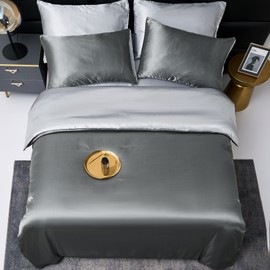 YASMENG Satin Bed Linen 135 x 200 cm Grey Dark Grey Light Grey Reversible Bed Linen Deluxe Bed Linen Satin Soft Smooth Shiny Silky Silk Bed Linen 2-Piece with Zip and 80 x 80 cm Pillowcase