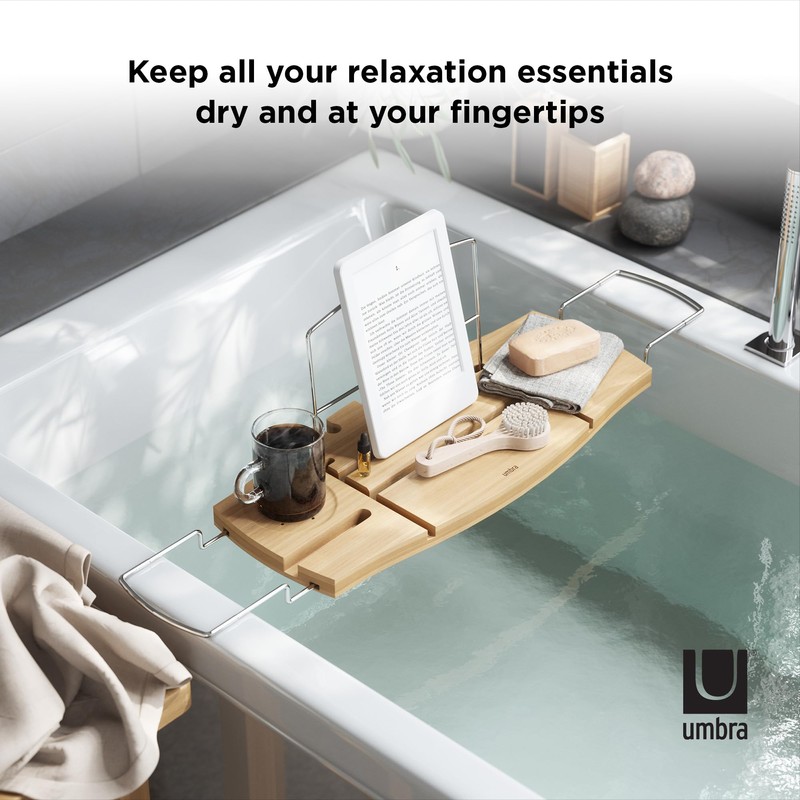 Umbra Aquala, Bamboo and Chrome Extendable Bathtub Tray Caddy, Natural