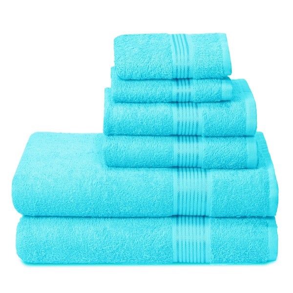 Belizzi Home Ultra Soft 6 Pack Cotton Towel Set, Contains 2 Bath Towels 28x55 inch, 2 Hand Towels 16x24 inch & 2 Wash Coths 12x12 inch, Ideal for Everyday use, Compact & Lightweight - Turquoise Blue