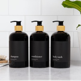 Heartland Lettering Manhattan Collection, Black Shower Dispenser Bottles with Glossy Black & Black Matte Label - Shampoo and Conditioner Soap Dispensers Minimalist Set soap dispenser water bottle girl despenser - Pump: Black Bamboo Pumps