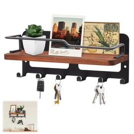 Key Holder with Shelf, Wooden Key Holder, Black, Decorative Key Holder with 7 Key Hooks, Wall Shelf Wood for Key Holder, Organiser for Entrance, Hallway, Bedroom, Living Room