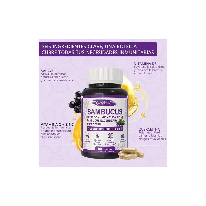 Gwynne Sambucus Suplemento Cápsulas Extracto Sauco 1000mg Vitamina Zinc Quercetina