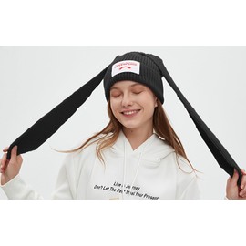 YIKOEE Women Beanie Bunny Hat: Knit Crochet Rabbit Beanies Black