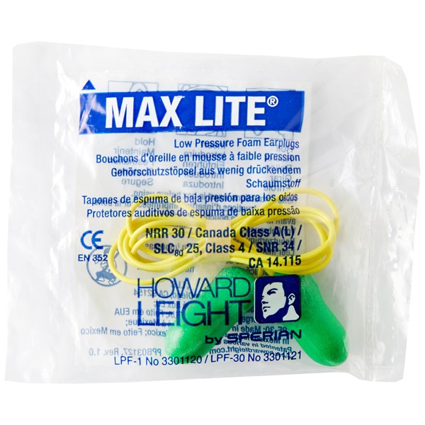 Howard Leight LPF30 Max Lite Corded Earplugs, Green, Pack of 100 Pairs