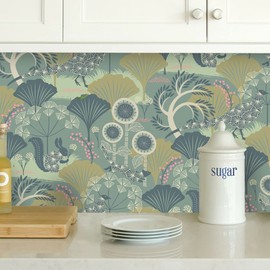 Wudnaye Floral Peel and Stick Wallpaper Vintage Contact Paper for Cabinets 17.7 inch x 118.1 inch Green Removable Wallpaper Self Adhesive Wallpaper Vintage Peacock Wallpaper for Bathroom Decor Vinyl