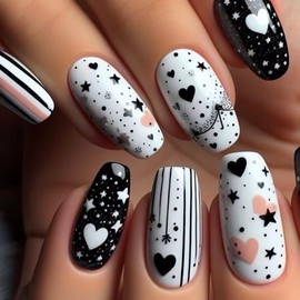 Holiday Press on Nails Short Square Heart Fake Nails Black White Valentine Acrylic False Nails Five-Pointed Star Design Full Cover Glue on Nail Cute Gloss Stick on Nails for Women 24Pcs