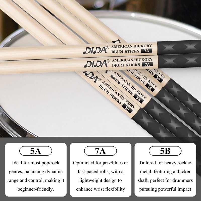Drum Sticks, American Hickory Drumsticks, Drumsticks for Drum, Non-Slip Grip,