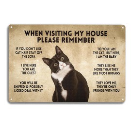 Funny Cat Rules Metal Sign When Visiting My House Please Remember Black Cat Apartment Decor for Cat Lover(8x12In)