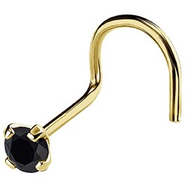 20G Solid 14Kt Gold Nose Screw Stud with Prong Set real Black Diamond Gemstone, 14kt Yellow Gold or 14kt White Gold - April Birthstone Nose Ring-YG_BD-2.5MM