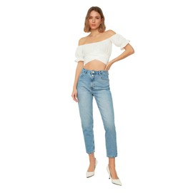 TRENDYOL Women's Double Button High Waist Mother Jeans, blue