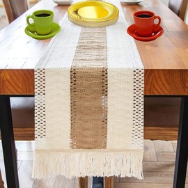 Cotton Linen Table Runner with Tassel - 95 x 12 Inch Rustic Braided Table Runners Boho Deco for Wedding Party Bridal Shower Decorations Kitchen Farmhouse Decor (12'' x 95'')