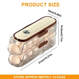 Egg Storage Fridge with Handle, 2 Layers Automatic Rolling Egg Holder Fridge, Egg Container for Fridge with Fixed Buckle Egg Dispenser Fridge Holds 14 Large Eggs