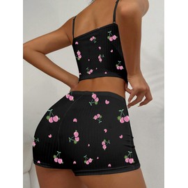 Hilinker Women's 2 Piece Fruit Pajama Set Ribbed Cami Top and Shorts Sleepwear Cute Pjs Black Pink Cherry Small
