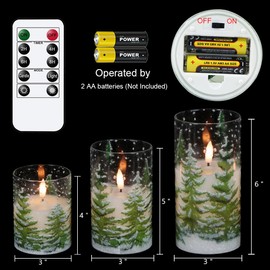 Wondise Christmas Tree Glass Flameless Candles, Battery Operated Flickering Candles with Remote and Timer, Real Wax LED Pillar Christmas Candles for Christmas Holiday Decor D3 x 4",5",6"