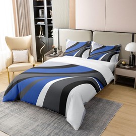 Royal Blue Geometric 100% Cotton Duvet Cover 135 x 200 cm, Modern White Grey Bedding Set, Geometry Swirl Comforter Cover for Teens, Chic Geometry Bed, Abstract Art Quilt Cover, Home Room Decor