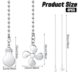 Prasacco 4 Pcs Ceiling Fan Pulls Light and Fan Pull Chain Set 12 Inch Ceiling Fan Pull Chain Extender Decorative Pull Chain Extension, Silver