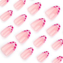 24Pcs Romantic Heart Press on Nails Short Almond Nails French Tip Fake Nails with Glossy Valentine's Day Stick on Nails Full Cover Nude Acrylic Nails Valentines False Nails for Women Nail Designs