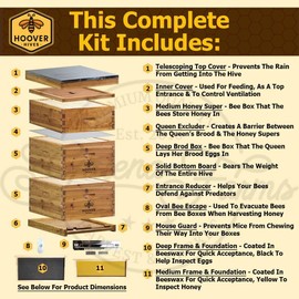 Hoover Hives Complete 8-Frame Beehive Kit – Wax-Coated Fir Wood, Includes 2 Deep Brood Boxes, 1 Medium Super, Langstroth Frames & CellTech Foundations – Durable, Weather-Resistant Beekeeping Supplies