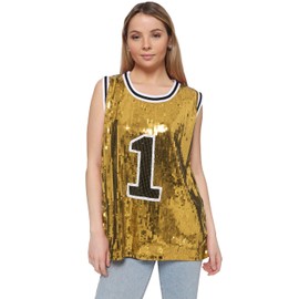 Anna-Kaci Sparkle Glitter Hip Hop T-Shirt Top Tunic Basketball Sequins Tank Vests, Gold, X-Large
