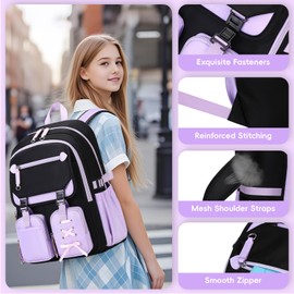 Tanou School Backpack Girls 3Pcs, 2025 Kid Backpack with Lunch Box and Pencil Case for Primary Middle School, Purple