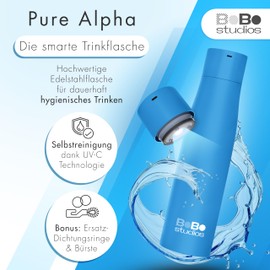 BoBo Studios® 500 ml Smart Bottle Insulated Bottle Stainless Steel UVC Sterilisation Against Bacteria Viruses, 24 Hours Cold, 12 Hours Hot, Drinking Reminder, Display, Self-Cleaning, Accessories