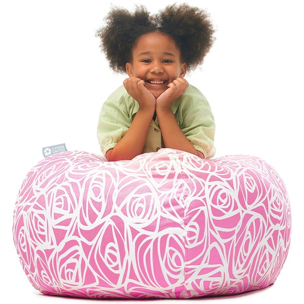 Kids Bean Bag - COVER ONLY - Stuffed Animal Storage - Beanbag Chairs for Kids - 90+ Teddy Plush Toys Holder and Organiser for Girls - 100% Cotton Canvas - Pink Roses