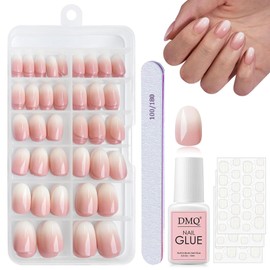 DMQ Short Press on Nails Kit, 120Pcs Pink White Gradient False Nails, Oval Ombre French Fake Nails Pink Tips, 12 Sizes Glossy Full Cover Stick on Nails for Women Girls Nails Art