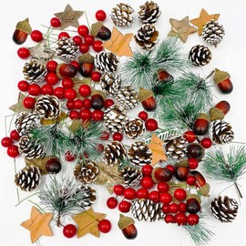 108PCS Christmas Wreath Making Decoration Artificial Pine Cone Berry Set Natural Pine Cone Red Holly Berries Pine Branches for DIY Xmas Wreath Decorations Crafts Christmas Tree Ornament