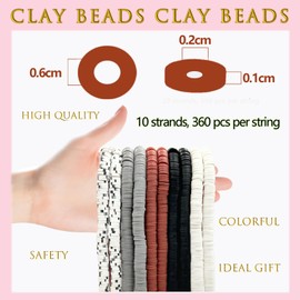 3600 PCS 10 Strands Clay Beads Bracelet Making kit, Polymer Clay Beads 6mm, Vinyl Black Stone Beads for Jewelry Making, Flat Beads, DIY Bracelet Earrings Necklace (Black, White, Gray)