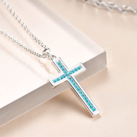 Dixbix Baptism Cross Necklace for Women,First Communion Gold Cross Necklaces Jewelry Gifts for Women (Birthstone 12-December-Zircon Blue)
