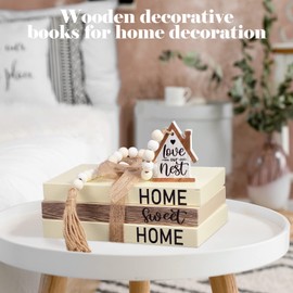 Tatuo 4 Pcs Wooden Farmhouse Stacked Books Set Home Sweet Home Decorative Books with Wooden Beads Garland White Faux Books Decoration Faux Decorative Books for Coffee Table Home Office Living Room