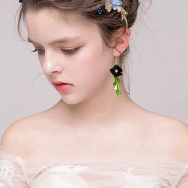 Just Follow Summer Beach Flower Tassel Earrings for Women Boho Long Flower Dangle Earrings Floral Petals Drop Earring for Statement Vacation With Green Leaf, Metal, No Gemstone