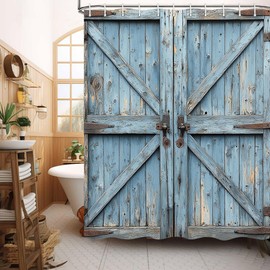 JAWO Rustic Barn Door Shower Curtain, Farmhouse Rustic Door Western Cabin Garage Door Shower Curtains Country Shower Curtain with Hooks, 72X72inches, Blue