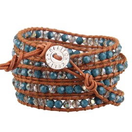 KELITCH Greenish Blue Crystal Bead 5 Wrap Bracelet on Brown Leather