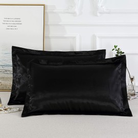Pillow Shams Set of 2, Pillowcases, Silky Satin, for Hair, Super Soft and Luxury (Two Standard Pillowcases, Black)