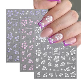 Flower Nail Stickers 5D Embossed Hollow Out Flower Nail Decals Pink Purple White Floral Designs Summer Cute Flowers Decals Pegatinas Uñas for Women DIY Manicure Decoration Accessories 3Sheets