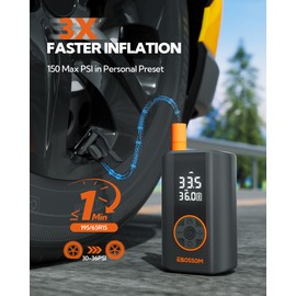 EBOSSOM Tire Inflator Portable Air Compressor, Mini Cordless Air Pump 3X Fast Inflation with Pressure Gauge, 150 PSI Tire Inflator Rechargeable with LED Light for Car Motorcycle Bikes Balls Swim Ring
