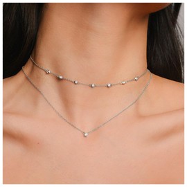 Yheakne Boho Layered Crystal Necklace Silver Rhinestone Pendant Necklace Sparkle CZ Chain Necklace Wedding Solitaire Necklace Chain Jewellery for Women and Girls (Silver)