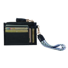 LIYSOYO Slim Card Holder Wallet For Women, RFID Leather Credit Card Wallet, Small Wallet Wristlet Coin Purse With Wrist Lanyard Strap and Hand Free Phone Tether Pad, Black, Slim Card Holder Wallet