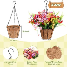 Giegxin 2 Pack Artificial Flower Hanging Baskets for Spring Outdoors UV Resistant Faux Hanging Plants Flowers for Outdoors Garden Spring Decor for Patio Porch (Mixed Color)