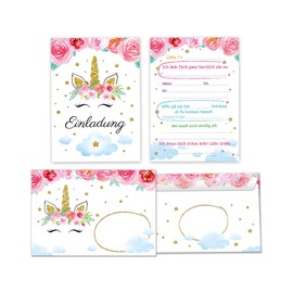 Minkocards 12 Invitation Cards Children's Birthday Unicorn Flowers Girls Invitation for Girls Birthday Includes 12 Envelopes, 12 Party Bags/Natural, 12 Stickers