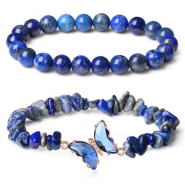 GUJOXILA 2pcs Lapis Lazuli Crystal Beaded Bracelets for Womens Blue Healing Bracelet Layered Butterfly Bow Gemstone Bead Ladies Girls Bracelets Protection Lucky Bracelet Gifts