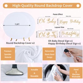 Gallety 2 Pcs 7.2 FT White Round Backdrop Cover for 5 to 7.2ft Circle Arch Stand with Oh Baby and Happy Birthday Decal Sign - Arch Backdrop Cover for Wedding Party Photography Decoration