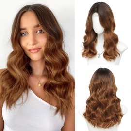 Niceone Hair 18 inch Wavy Wigs for Women - Middle Part Wavy Brown to Strawberry Blonde Wig with Upgraded Strands Synthetic Natural Hairline Wig for Daily Party(Brown to Strawberry Blonde,18 Inch