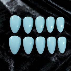 Light Blue Press on Nails Almond Shaped Fake Nails Pure Color Acrylic Nails Medium Short Glossy False Nails Artificial Nail Reusable Summer Glue on Nail for Women and Girls 24pcs