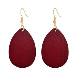 SMALLLOVE Wooden Hoop Earrings for Women Retro Black African Bohemian Wood Teardrop Geometric Lightweight Dangle Drop Earrings (Dark Red)