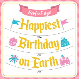 Happiest Birthday on Earth Banner Princess Bday Party Decorations Girls Kids Castle Birthday Baby Shower Party Supplies