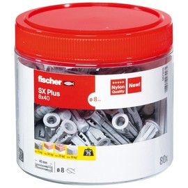 fischer SX Plus Expansion Dowels, 8 x 40, Handy Round Box with 80 Nylon Dowels, Dowels for Optimal Hold for Fixings in Concrete, Solid Brick, Cellular Concrete, Vertical Coring Brick and Much More